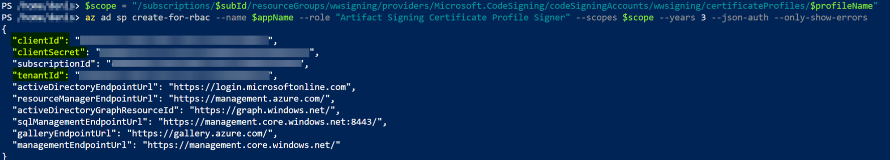 Azure Cloud Shell output for the signing app
