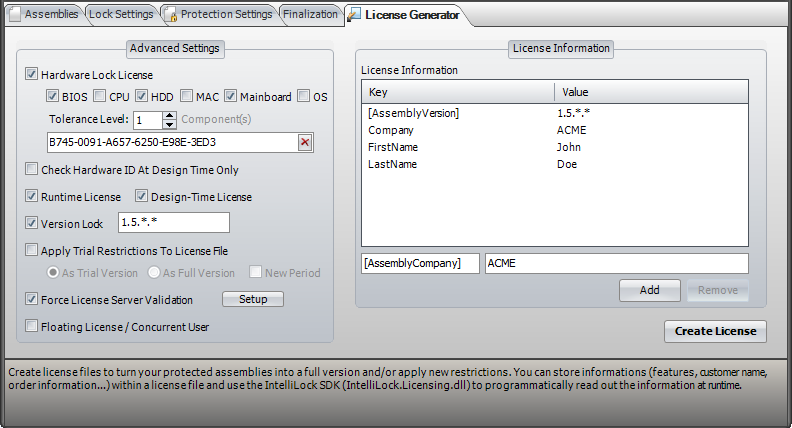 IntelliLock License Generator panel