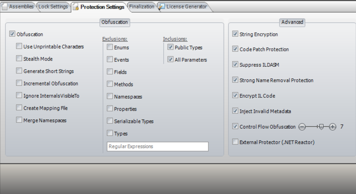 IntelliLock obfuscation and protection settings
