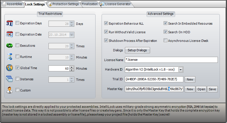 Trial and lock settings in IntelliLock