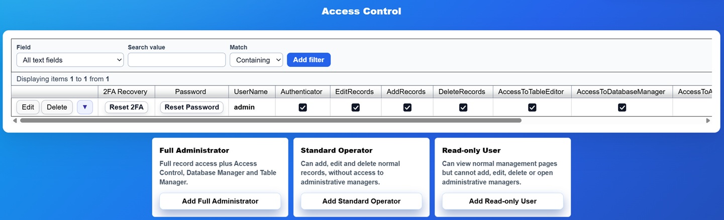 Access Control accounts and permission presets