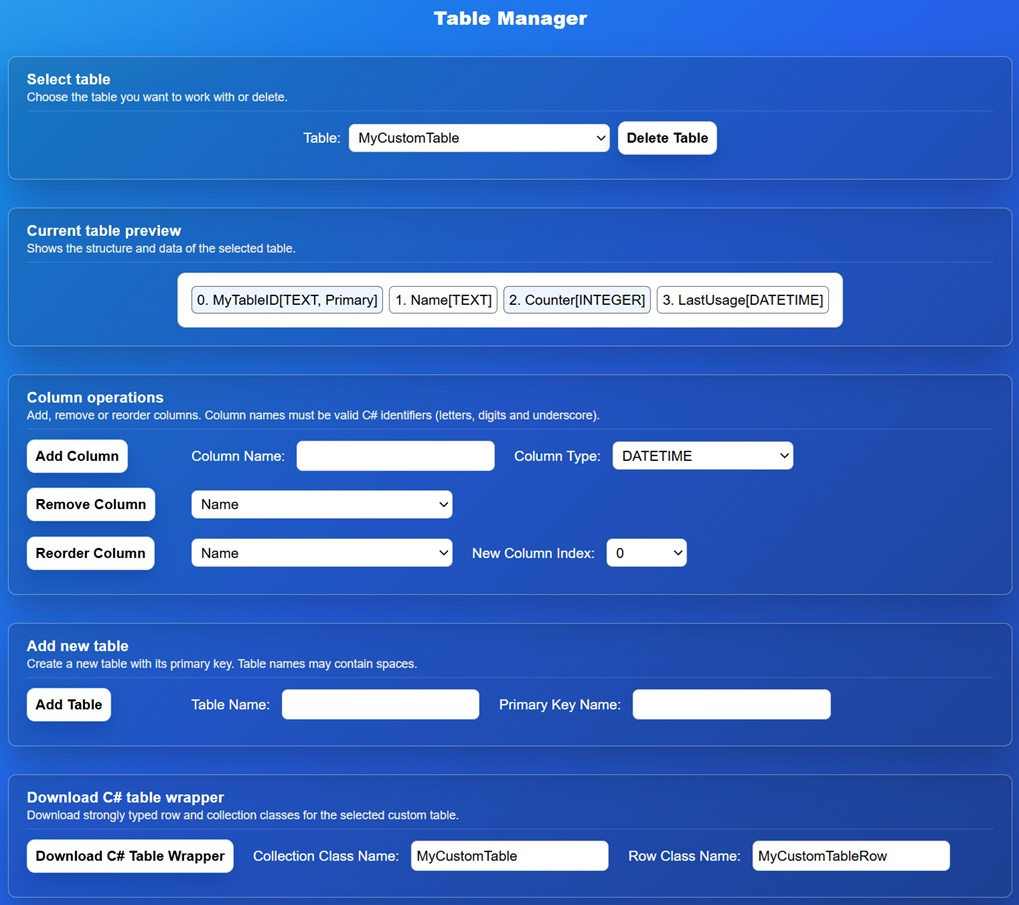 Custom table and C# wrapper download