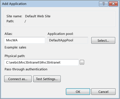 Add an application in IIS Manager