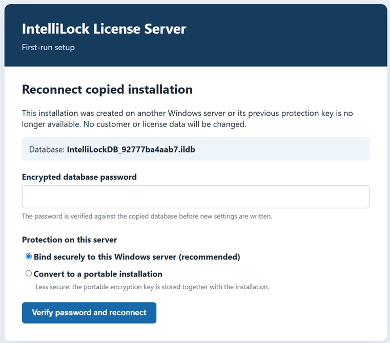 Reconnect a copied IntelliLock License Server installation
