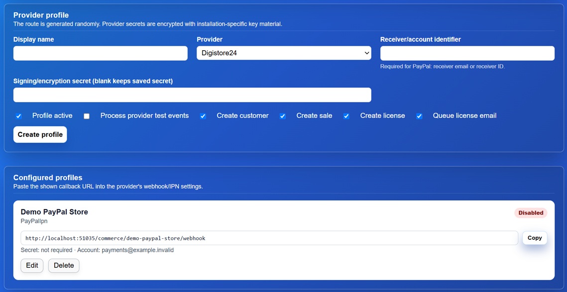 E-commerce provider profile and webhook URL