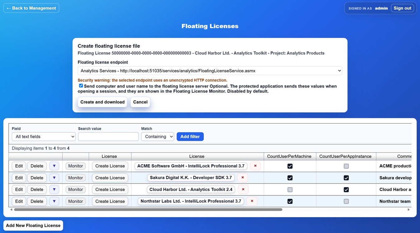 Floating license file endpoint and optional client identity