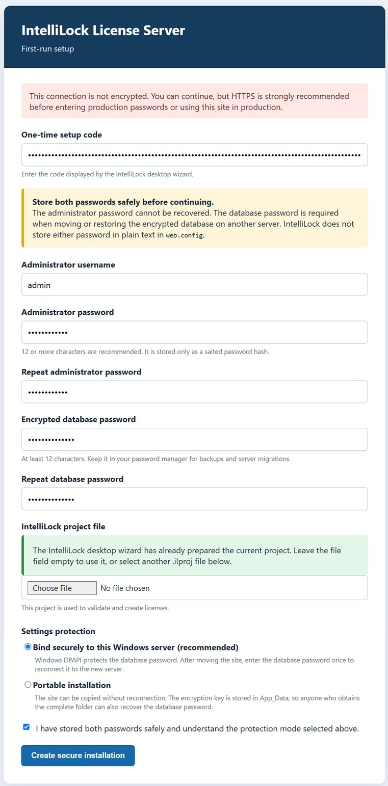 IntelliLock License Server first-run setup