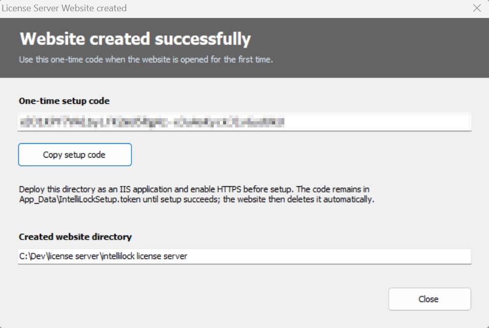 One-time setup code dialog with the code obscured