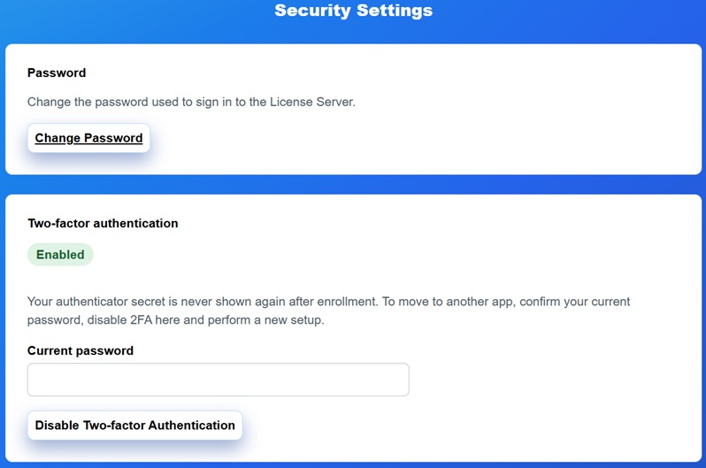 Security Settings with two-factor authentication enabled