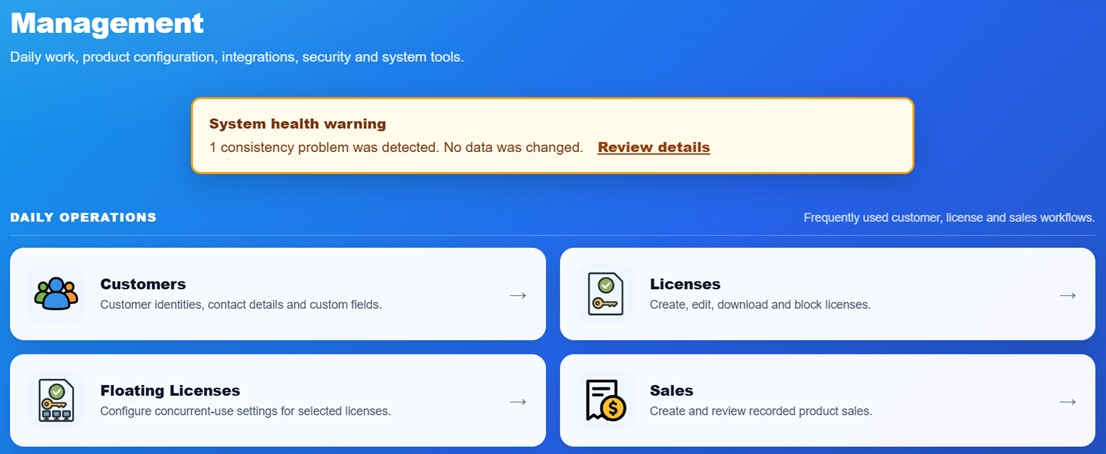 System Health warning on the Management dashboard
