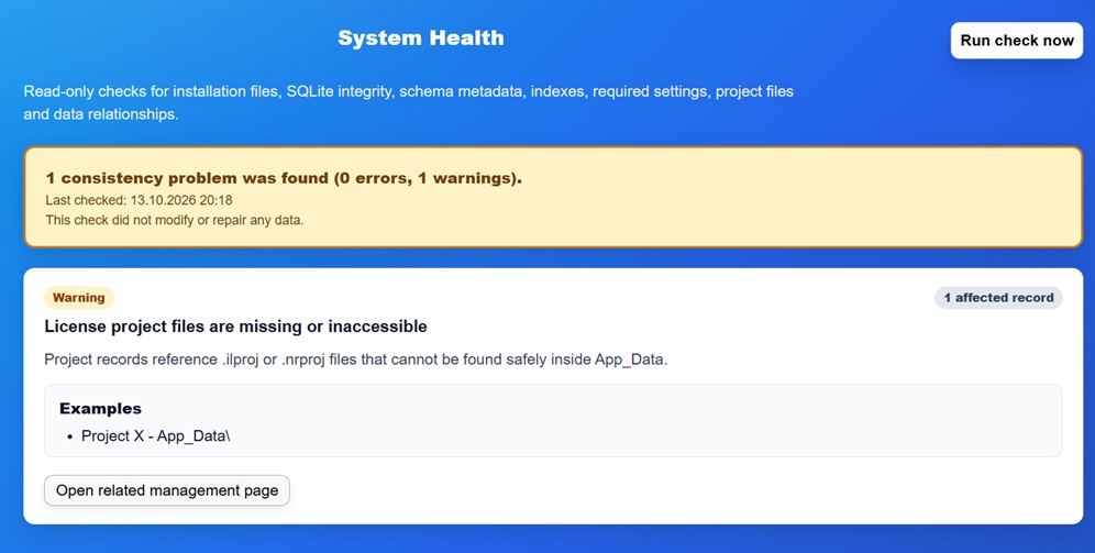 System Health result with a repairable project warning