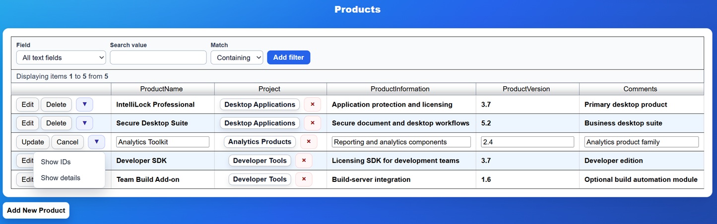 Product editor with Project relations and the row details menu
